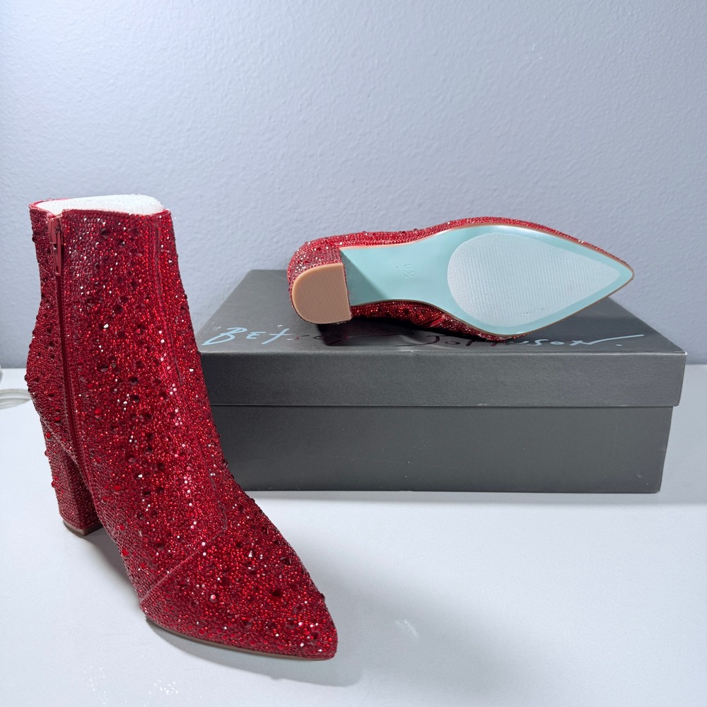 Betsey Johnson SB-Cady Red Rhinestone Glass Stone Block Heel Ankle Boots 5.5M - Picture 12 of 12